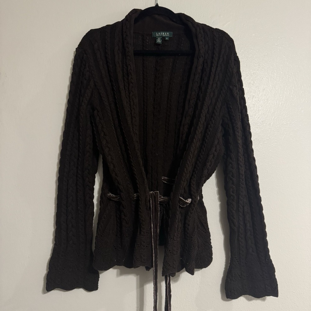 Lauren Ralph Lauren Brown Knit Cardigan Velvet Belt Womens XL Sweater Flare